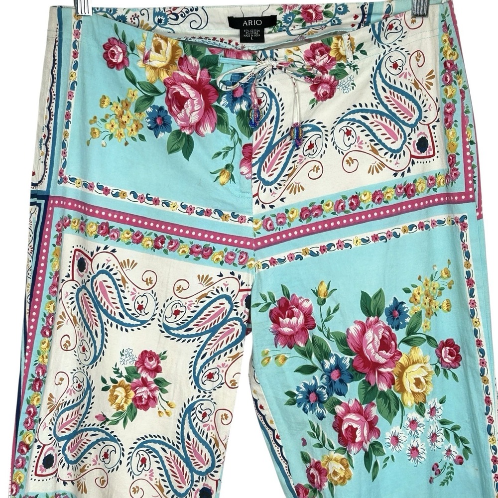 Ario Beaded Cropped Pants Large Boho Cottage Floral Art Patchwork Print Wide Leg - Picture 3 of 14